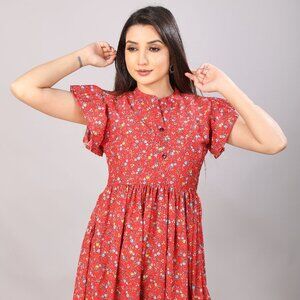 Vibrant Red Floral A-Line Dress with Flutter Sleeves - Traditional Threads